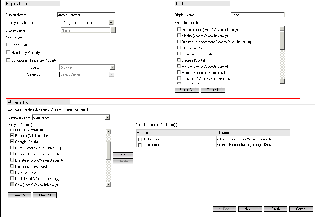The Default Values Area
